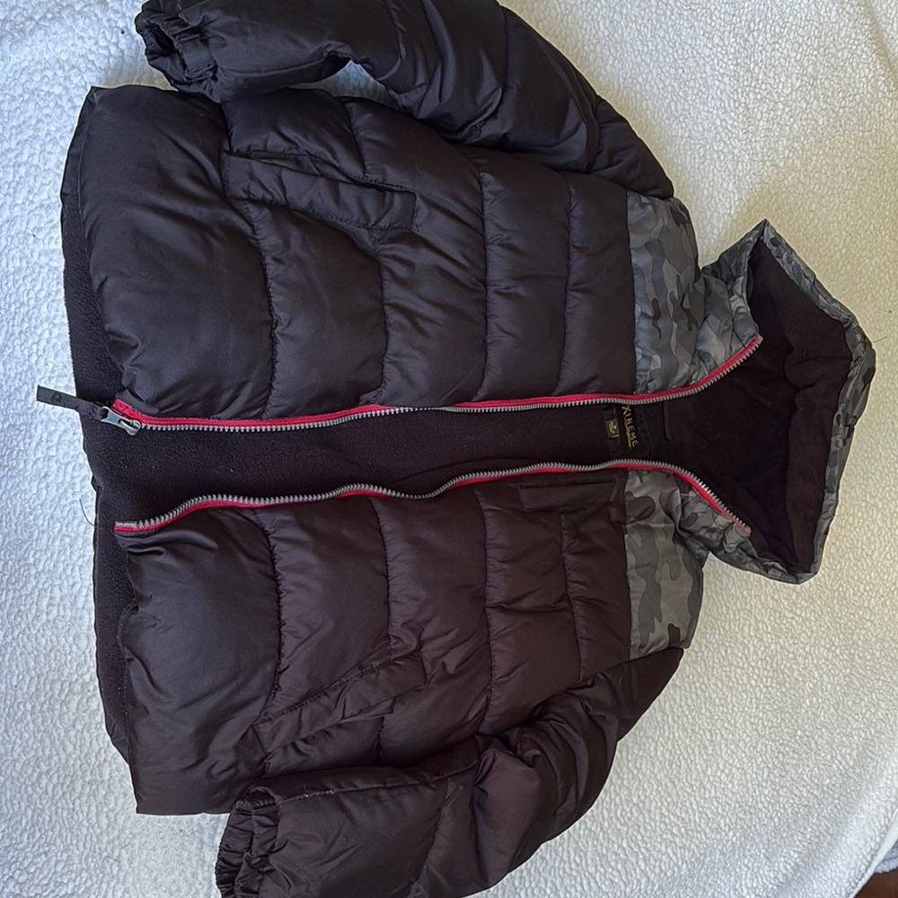 Kids Brown Puffer Jacket with Camo Hood